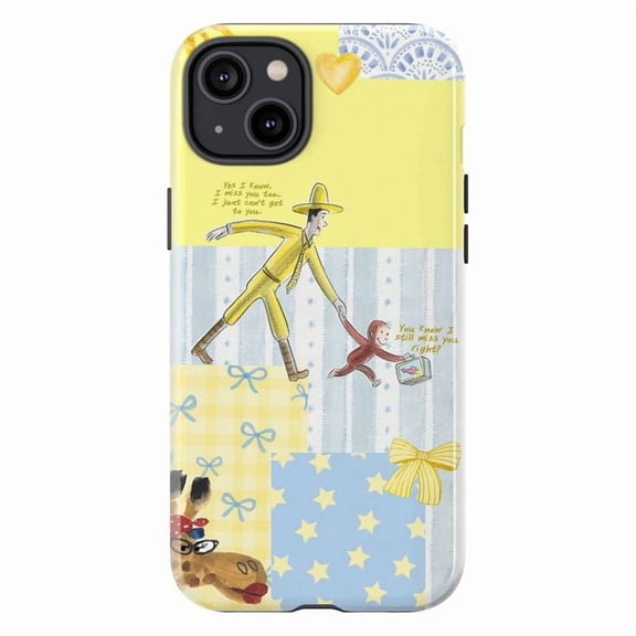 Curious Monkey Patchwork Phone Case, Yellow & Blue Quilt Collage Cover for iPhone 17 16 15 14 13 12 11 Pro Max Mini