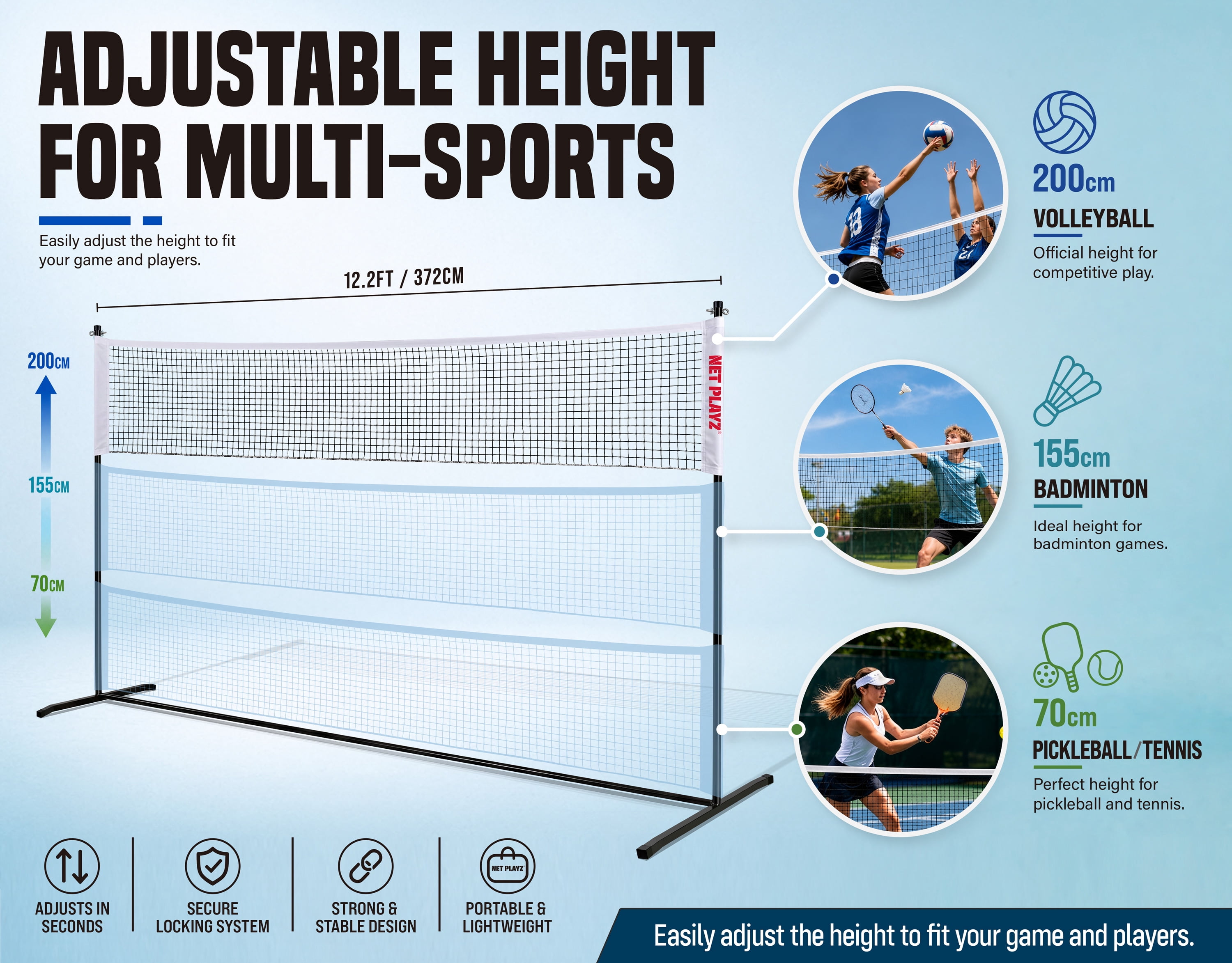 Net Playz 12ft Adjustable Badminton Net, Multi-Sport for Backyard Outdoor Play with Bag