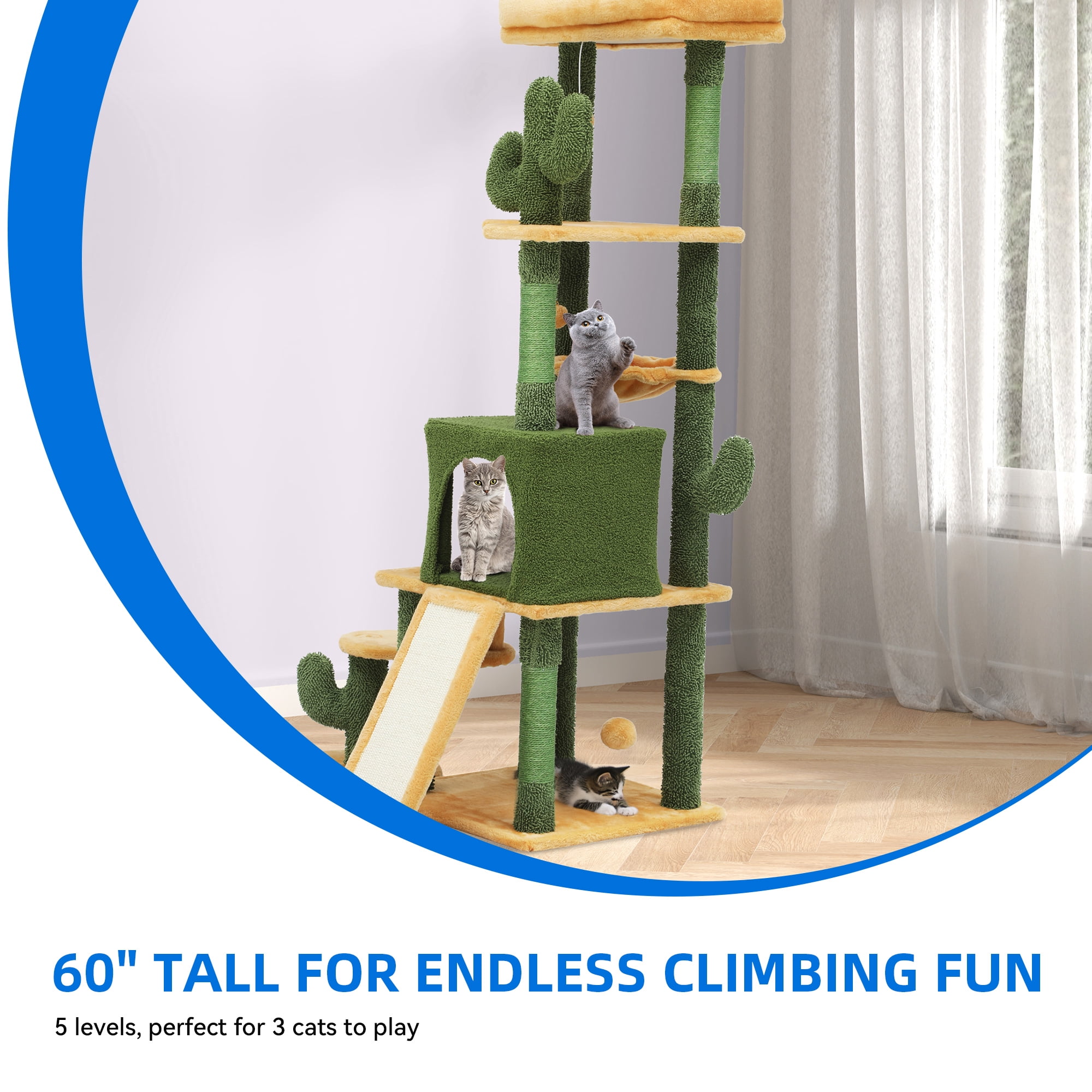 Dextrus 60" Tall Cactus Cat Tree Tower for Indoor Cats, Large Cat Condo with Self-Grooming Brush, Perch, Basket, Sisal Scratching Posts, and Toy Balls,Green
