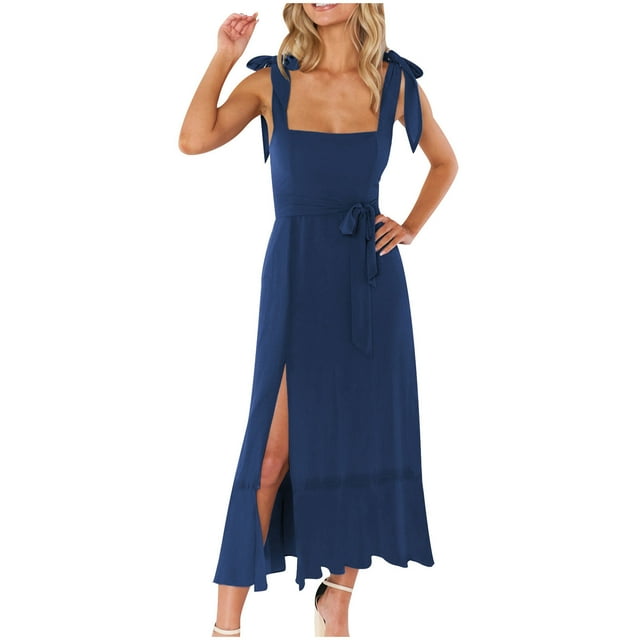 Robe d'Été pour Femmes avec Manches Été Femmes Nouvelle Bretelle Bandage Sans Manches Encolure Carrée Mode Robe Unie à Fente Robe à Encolure Carrée pour Femmes Vestes de Printemps pour Femmes Mode
