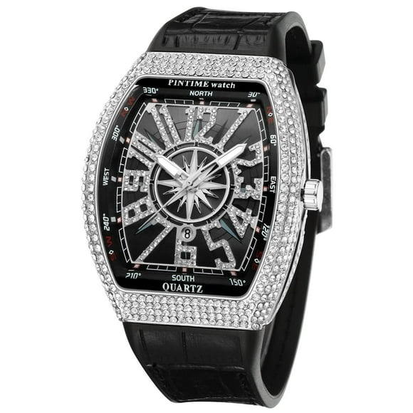 Gosasa Men's Fashion Cool Unique Tonneau Watch Iced Out Bling Crystal Rhinestone Quartz Wristwatches with Rubber Strap (Silver Black)