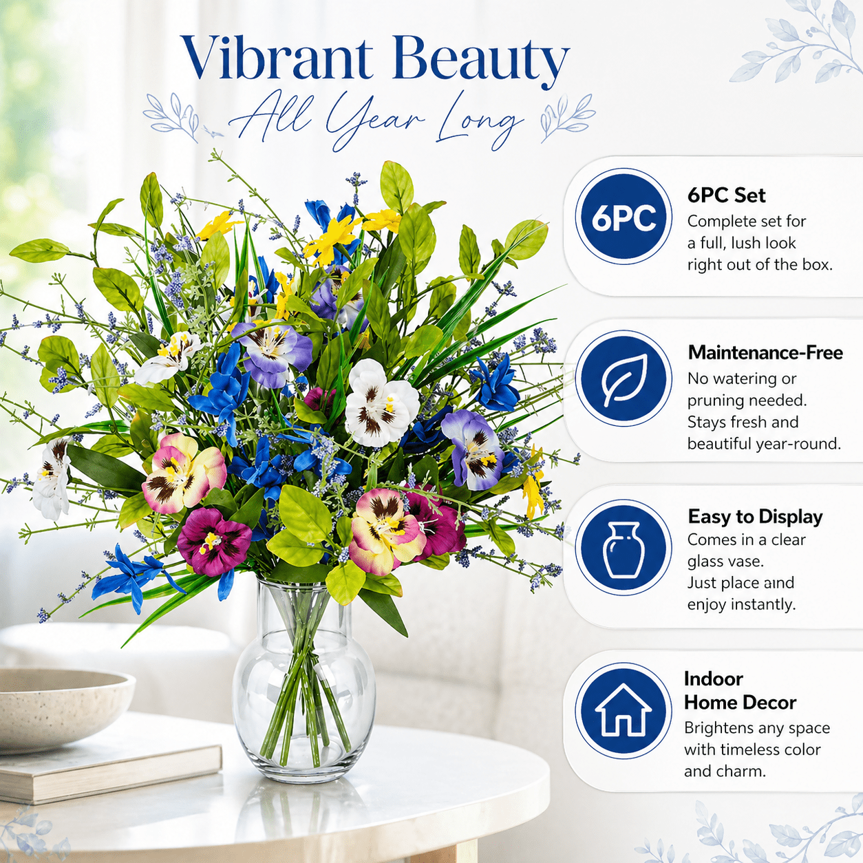 6 Pcs Artificial Wildflowers Mixed Color Fake Flowers Bouquet with Pansy Daisy Lavender UV Resistant Faux Silk Flowers for Outdoor Planters Porch Patio Garden Window Box Spring Home Decor