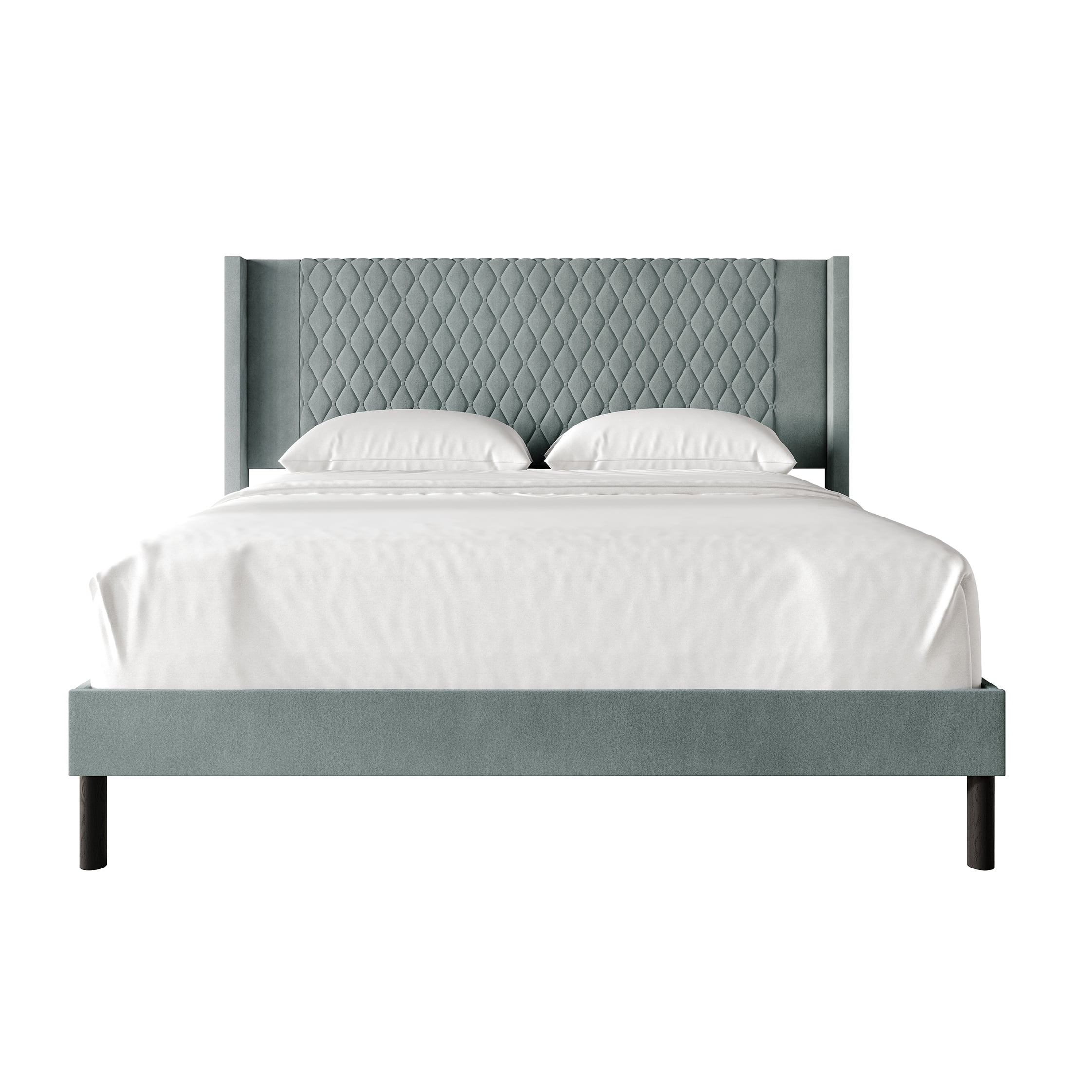 Castle Place Transitional Diamond-Stitched Velvet Wingback King Platform Bed, Light Blue