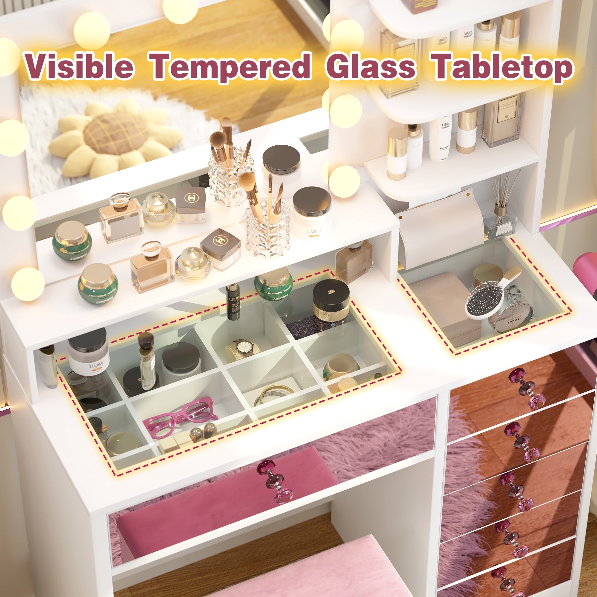 Mintazer Vanity Set with Hollywood Bulbs and Mirror, Dressing Table with 6 Drawers & Shelves and Cushioned Stool, Makeup Vanity Desk for Bedroom, Pink