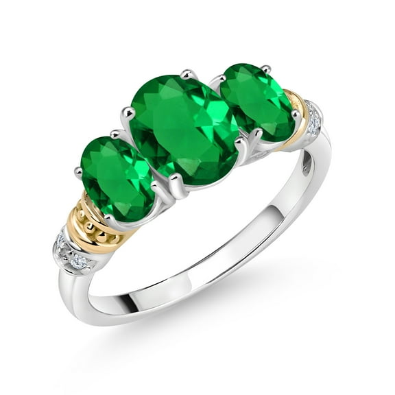 Gem Stone King 925 Sterling Silver and 10K Yellow Gold Oval Green Nano Emerald and White Diamond 3 Stone Ring for Women (1.58 Cttw, Gemstone May Birthstone, Size 5)
