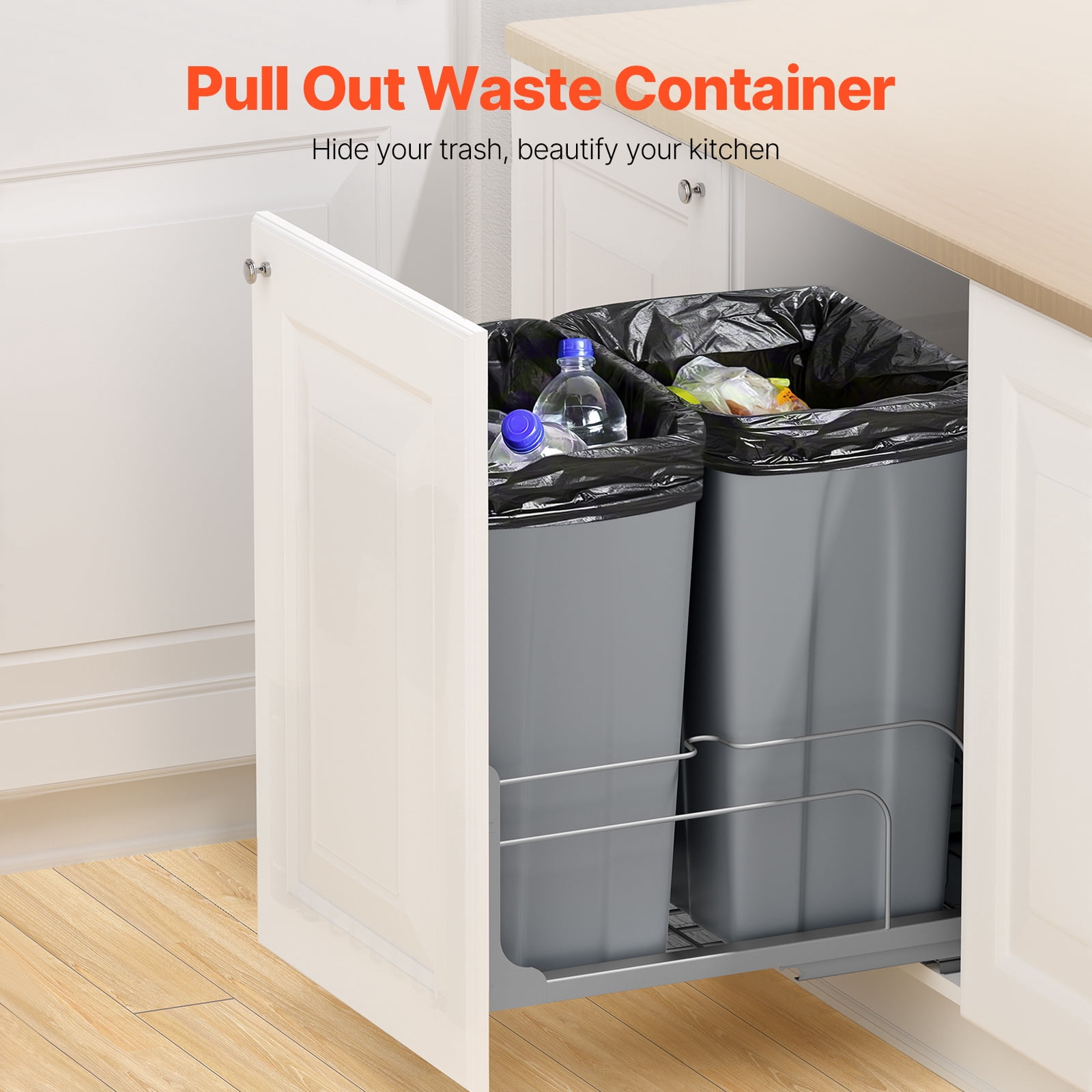 KFFKFF Pull-Out Trash Can, 50 QT x2 Double Under-Mount Kitchen Waste Containers, Durable Recycling Bin with Door Kit and Smooth Soft-Close Slides, Ideal for Cabinets, Sinks, and Under-Counter Spaces