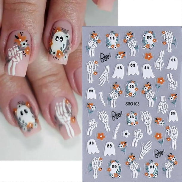 Halloween Nail Stickers Cute Ghost and Skeleton Self Adhesive Thin Durable Halloween Nail Art Decals