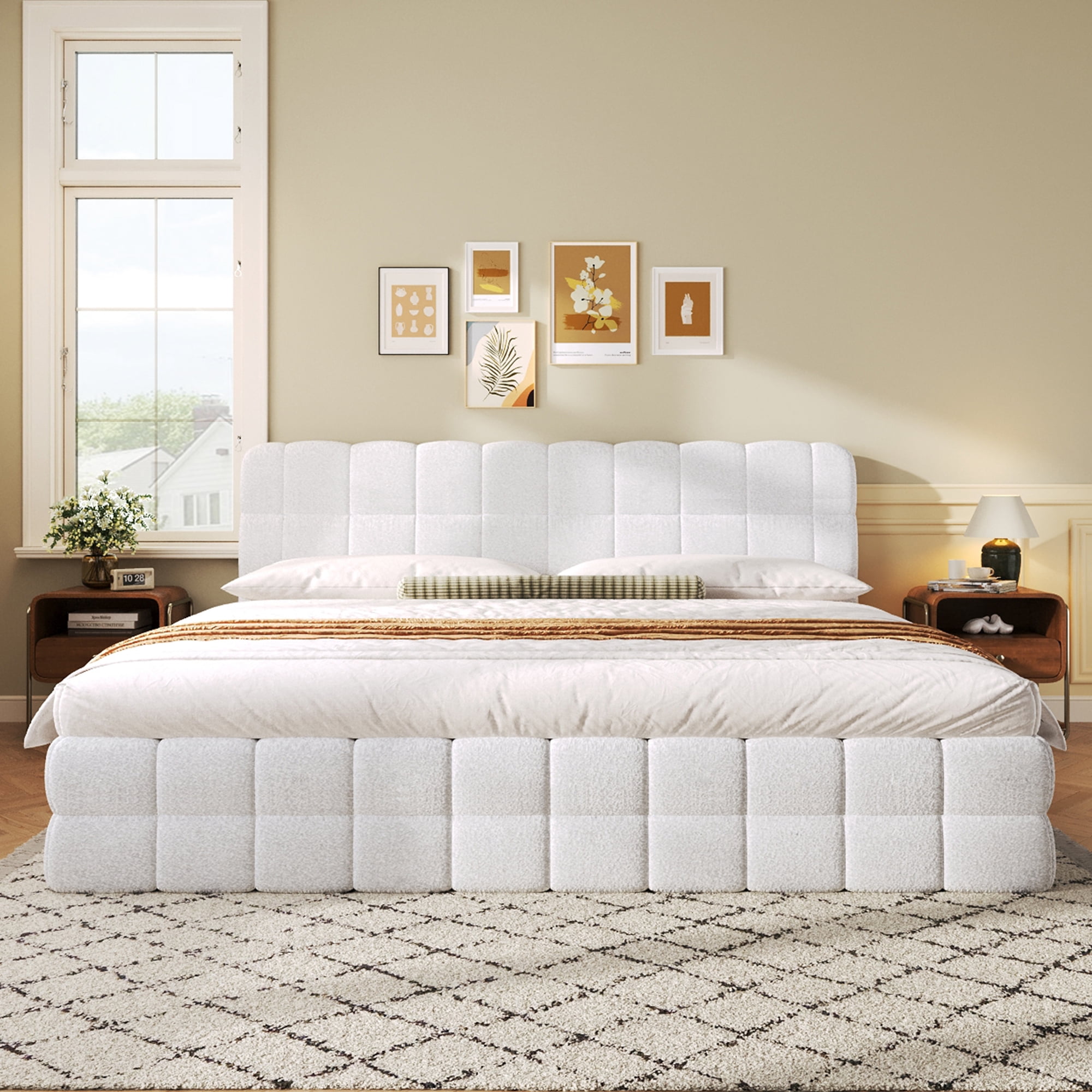 Euroco Upholstered King Size Platform Bed, White