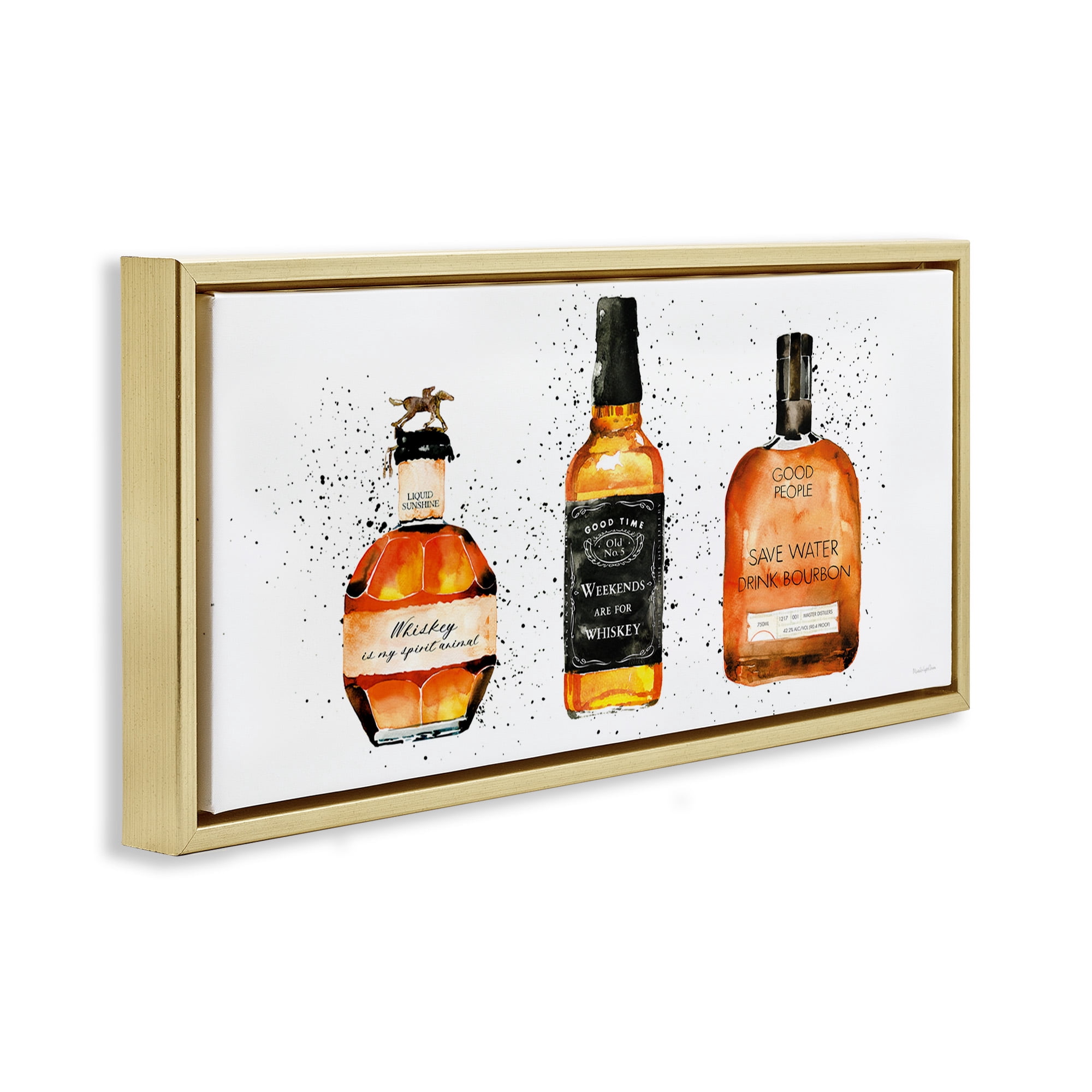Stupell Industries Funny Phrases Whiskey Bottles Food & Beverage Painting Gold Floater Framed Canvas Art Print Wall Art, 31 x 14