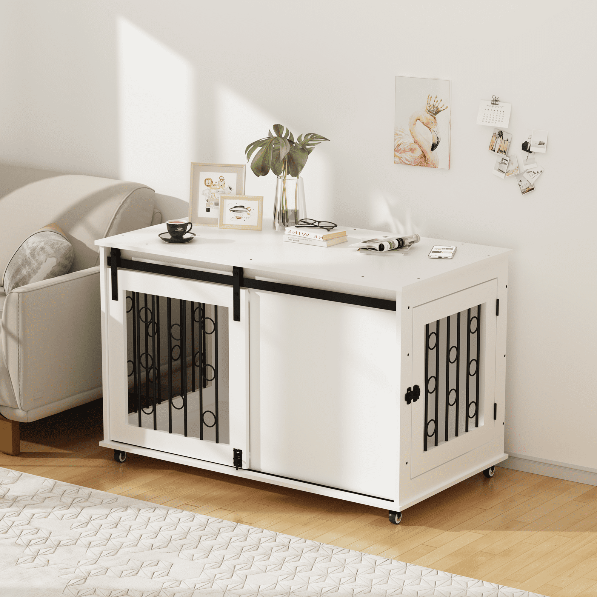 UPLLX Wooden Dog Crate Furniture with Sliding Door, Indoor Kennel End Table, White