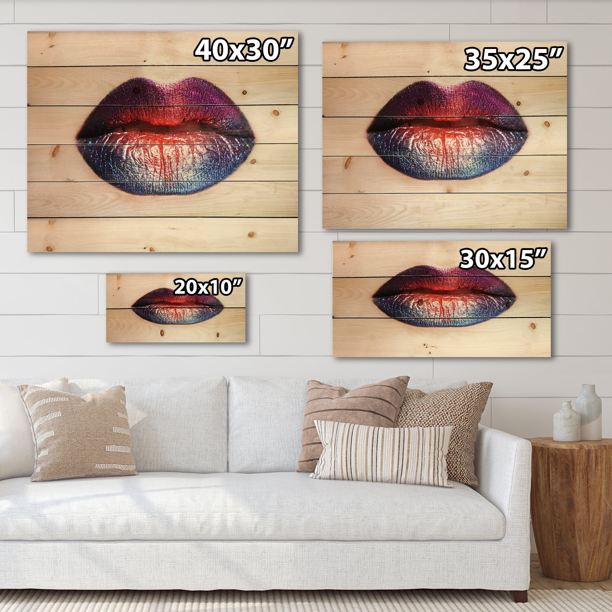 Designart 'Female Lips With Bright Multicolored Lipstick' Modern Print on Natural Pine Wood