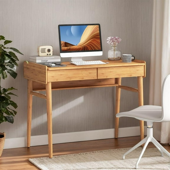 Topcobe Bamboo Writing Desk with 2 Storage Drawers and Open Shelf, Home Office Furniture, Ideal for Working and Studying, Natural