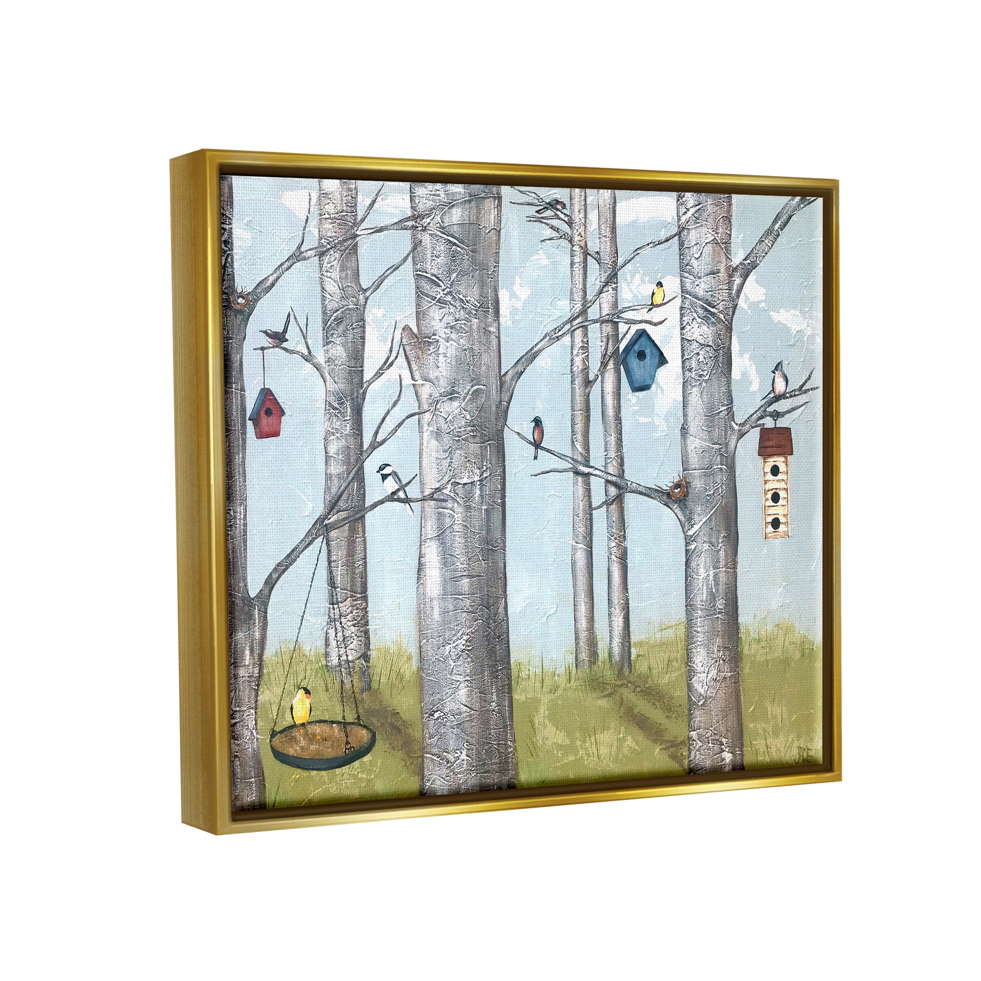 Stupell Industries Birdhouses Woodland Birch Trees Animals & Insects Painting Gold Floater Framed Art Print Wall Art