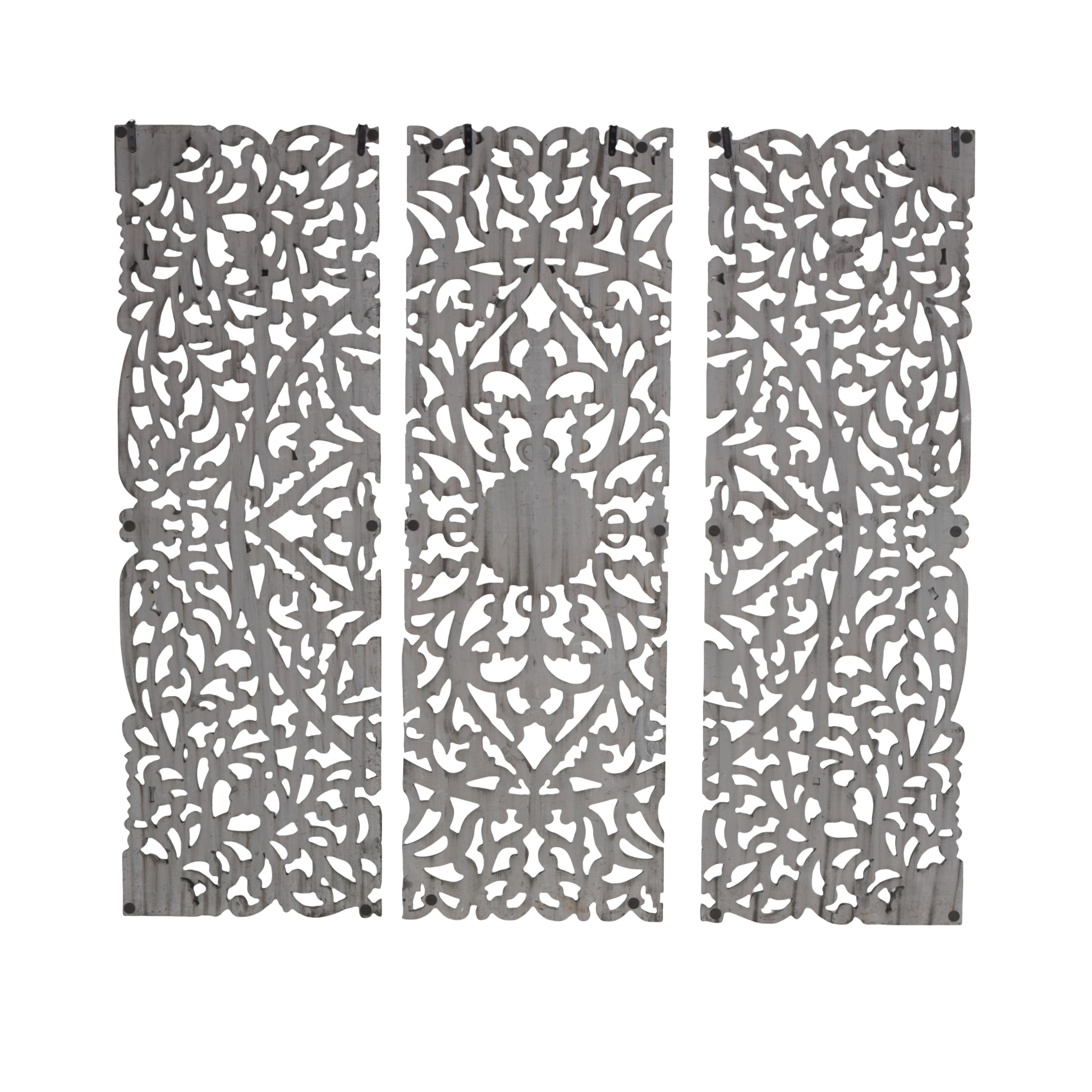 DecMode Traditional Wood Handmade Gray Carved Floral with Mandala Design Wall Décor, Set of 3 24"W x 72"H