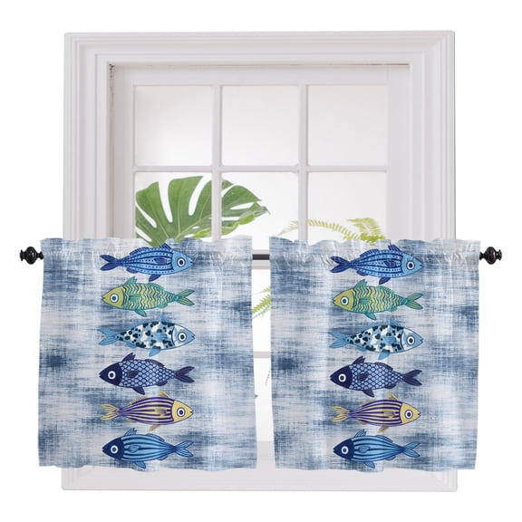 Navy Blue Fish Coastal 2 Panel Kitchen Curtains for Small Windows, Nautical Ocean Summer Seaside Bathroom Tier Curtain, Short Window Treatment for Bedroom/Living Room 55"x24"