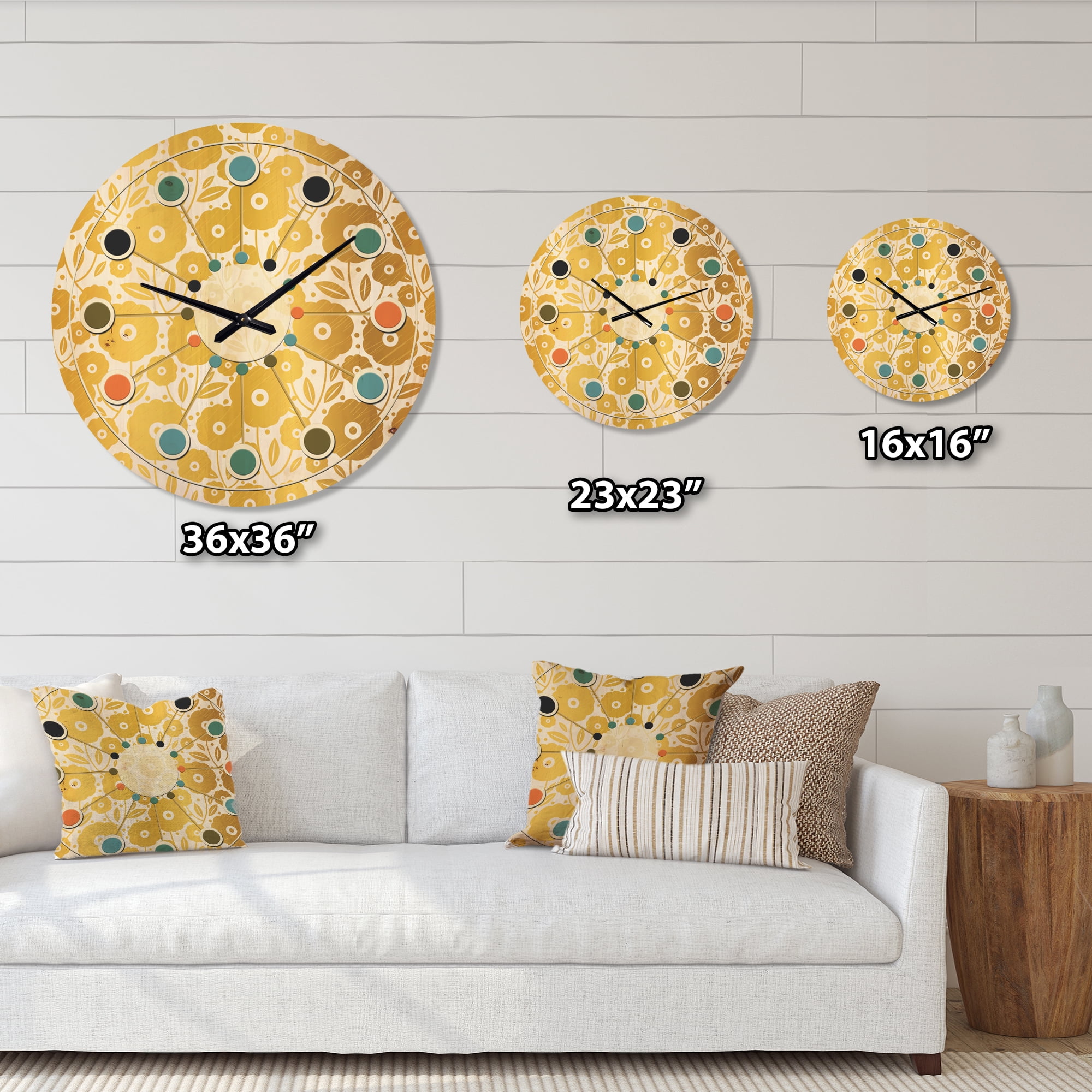 Designart 'Golden Floral Retro I ' Mid-Century Modern Wood Wall Clock