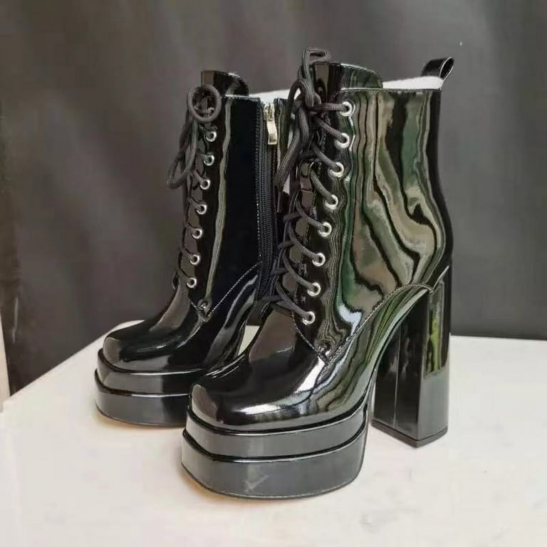 Women Platform Ankle Boots Square Toe Patent Leather High Chunky Heels Shoes Walmart