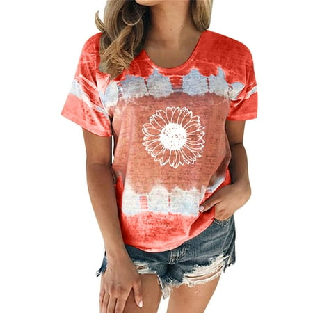 

koaiezne Womens Tie Dye Sunflower Printing Casual Fashion Round Neck Short Sleeve T Shirt Blouse Tops Summer Tops for Women plus Size Pajama Tops Women