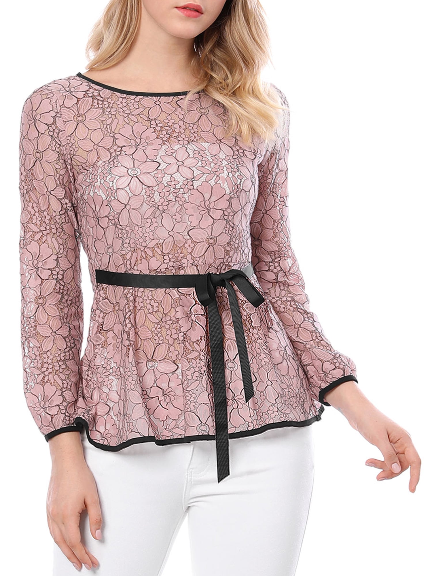 DARING DIVA Self-Tie Waist Semi Sheer Peplum Top L Pink