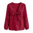 thumbnail image 6 of Womens Bow Tie Cotton Linen Babydoll Tops Fall Long Sleeve Lightweight Casual Trendy French Style Blouse Red L, 6 of 6