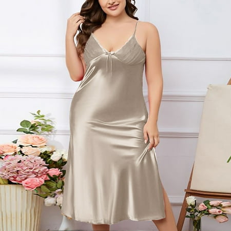 Fartey Silk Nightgown for Women Lace V Neck Sleeveless Lingerie Dress Loose Lightweight Spaghetti Strap Nightdress Soft Comfy Solid Color Side Slit Nightgown Khaki 2XL