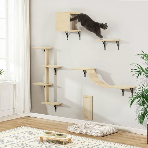 Pefilos Cat Wall Shelves and Perches Set, Cat Tower for Adult Cats Mounted Cat Tree House for Indoor Cats Modern Furniture for Cat Sleeping Playing Lounging Climbing Cat Tree for Large, Beige