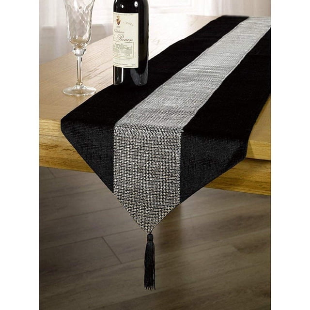 Ozxchixu Camino De Mesa De 13.0 X 72.0 In Con Tira De Diamantes Y Borlas (Negro)