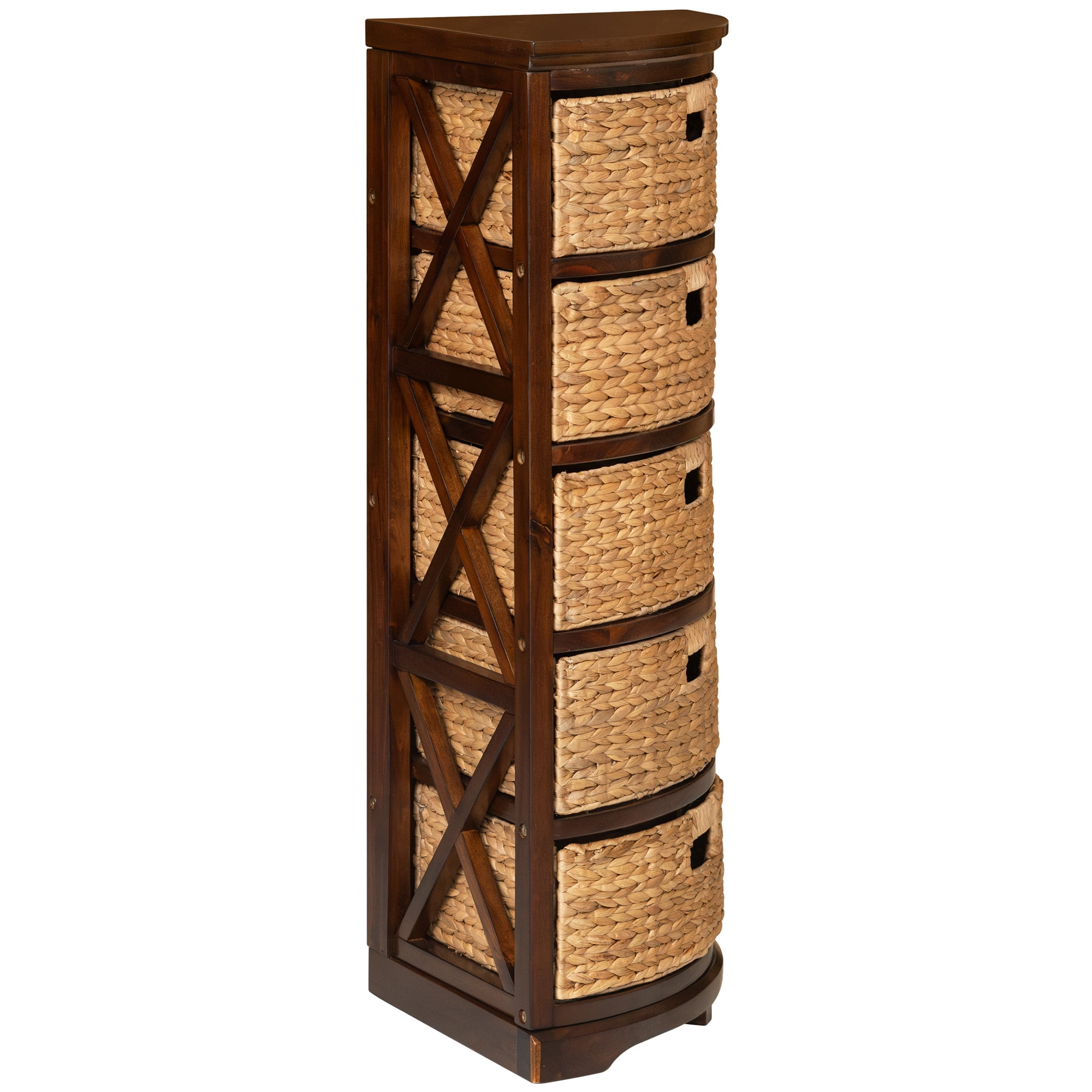 eHemco Hampton Meadows 5 Tier X-Side Corner Storage Cabinet with 5 Wicker Baskets, Walnut
