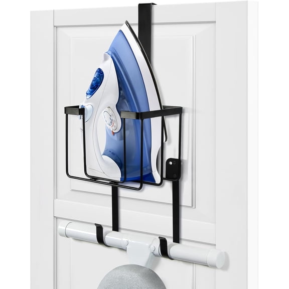 Over The Door/Wall Mount Ironing Board Hanger, Laundry Room Iron and Ironing Caddy Board Storage Holder, Black