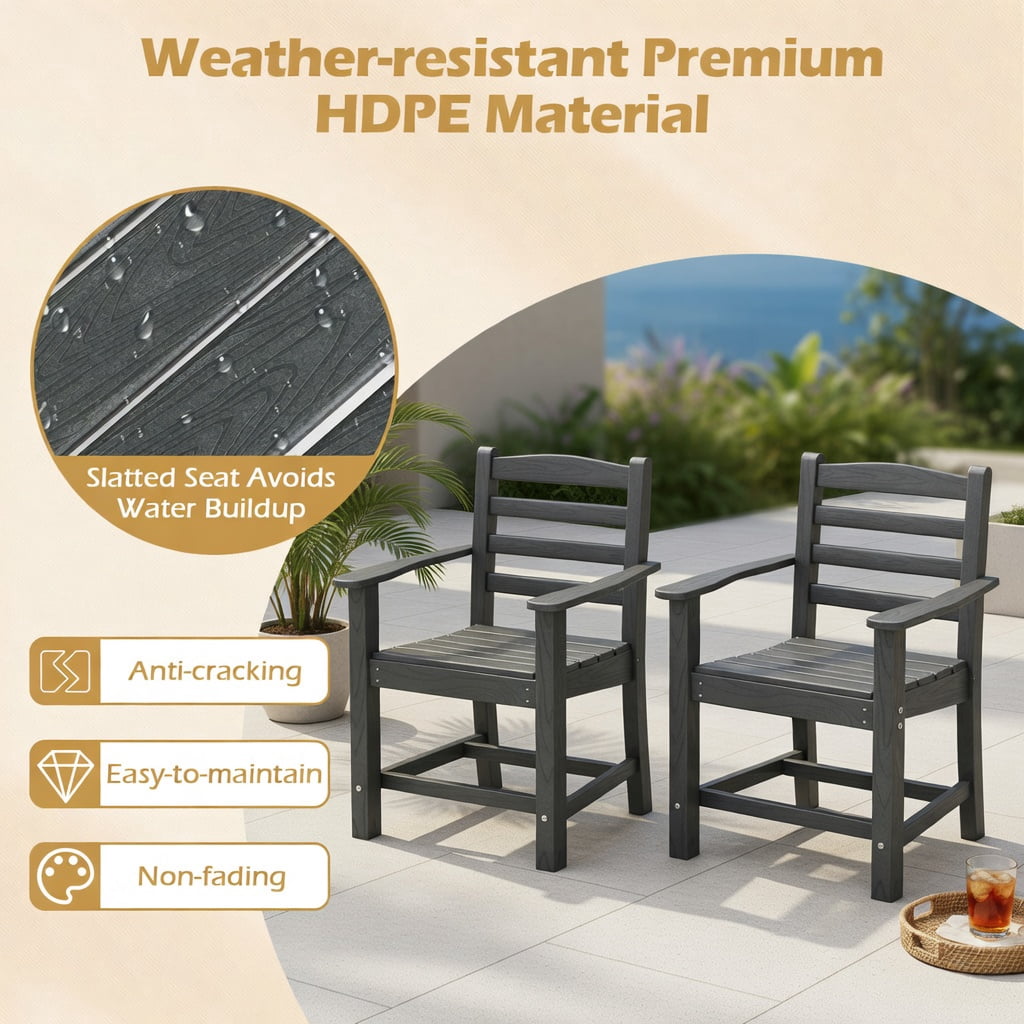 Hommoo 2-Pack HDPE All-Weather Outdoor Dining Chairs, Adirondack Patio Chairs with Wide Armrests, Rustic Wood-Look, Gray