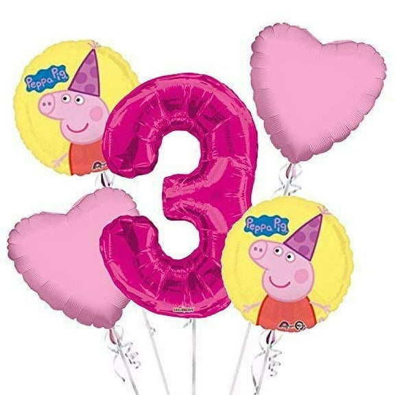 Peppa Pig Giant Number 3 & Solid Color Balloons, Foil Multi Color Peppa Pig, 5 Count