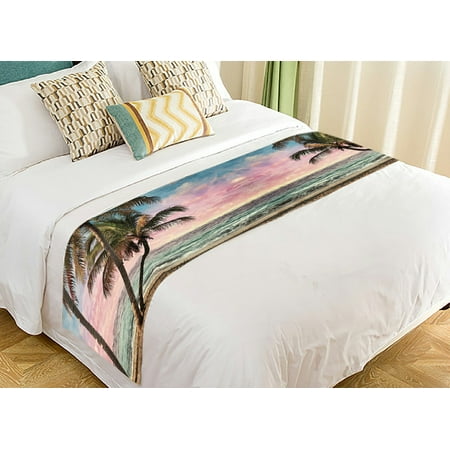 Bed Scarves GCKG Seascape Bed Runner, Tropical Beach Palm Tree Artwork Bed Runners Scarves Bed Decoration 20x95 inch ()