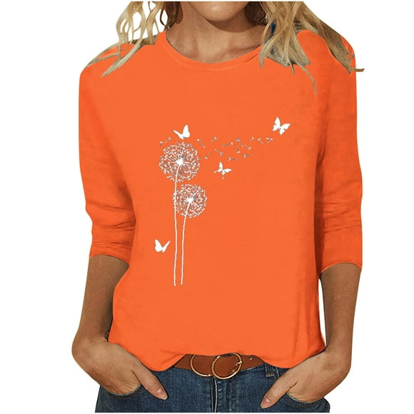 YanHoo 3/4 Sleeve Tops for Women 3/4 Sleeve Crewneck Loose Fit Top 3/4 Sleeve Graphic Tees for Women Plus Size Womens Tops Clearance Sale Prime Long or 3/4 Sleeve,Orange,XL