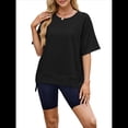 thumbnail image 3 of Camisetas de Gran Tamaño para Mujer, Cuello Redondo, Corta, Blusas Casuales de Verano, Blusas Holgadas de Corte Alto Negro L, 3 of 10
