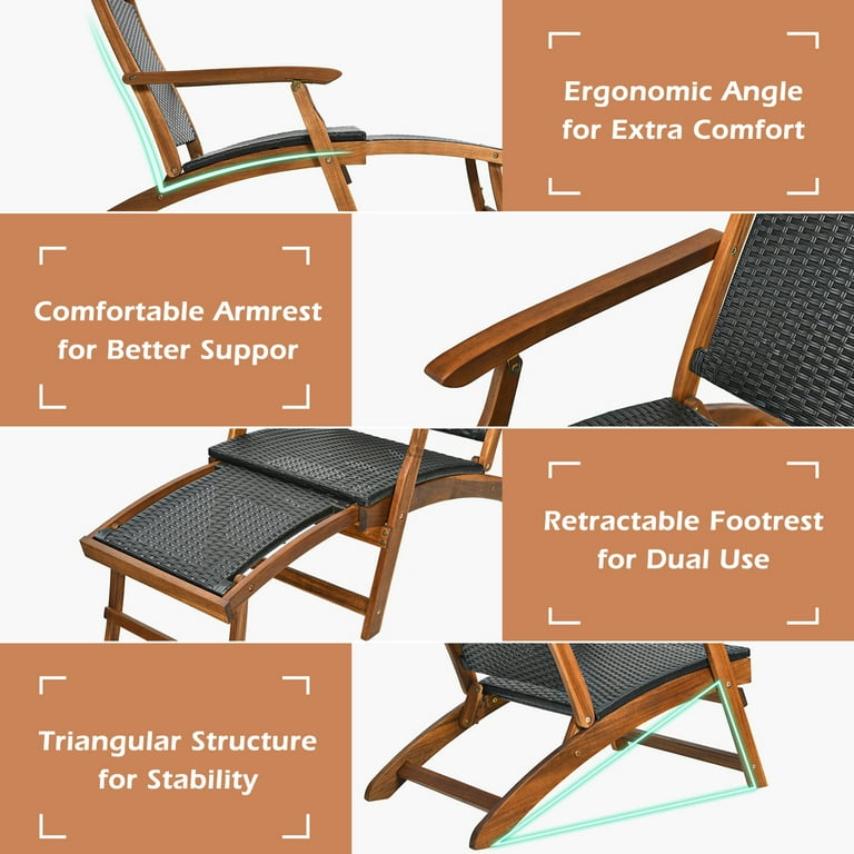 Gymax Folding Patio Acacia Wood Deck Chair Rattan Chaise Lounge