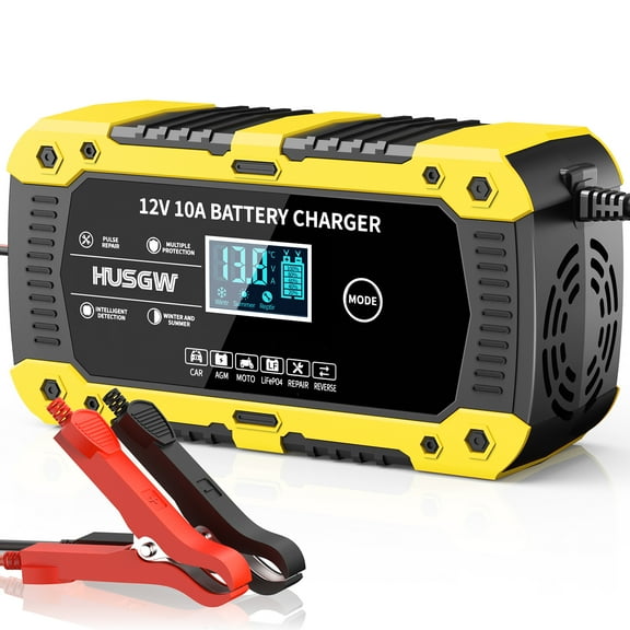 Automatic Car Battery Charger, 12V 10A Smart Battery Trickle Charger, Battery Maintainer Desulfator with Temperature Compensation for Car Trucks Motorcycle Lawn Mower Marine