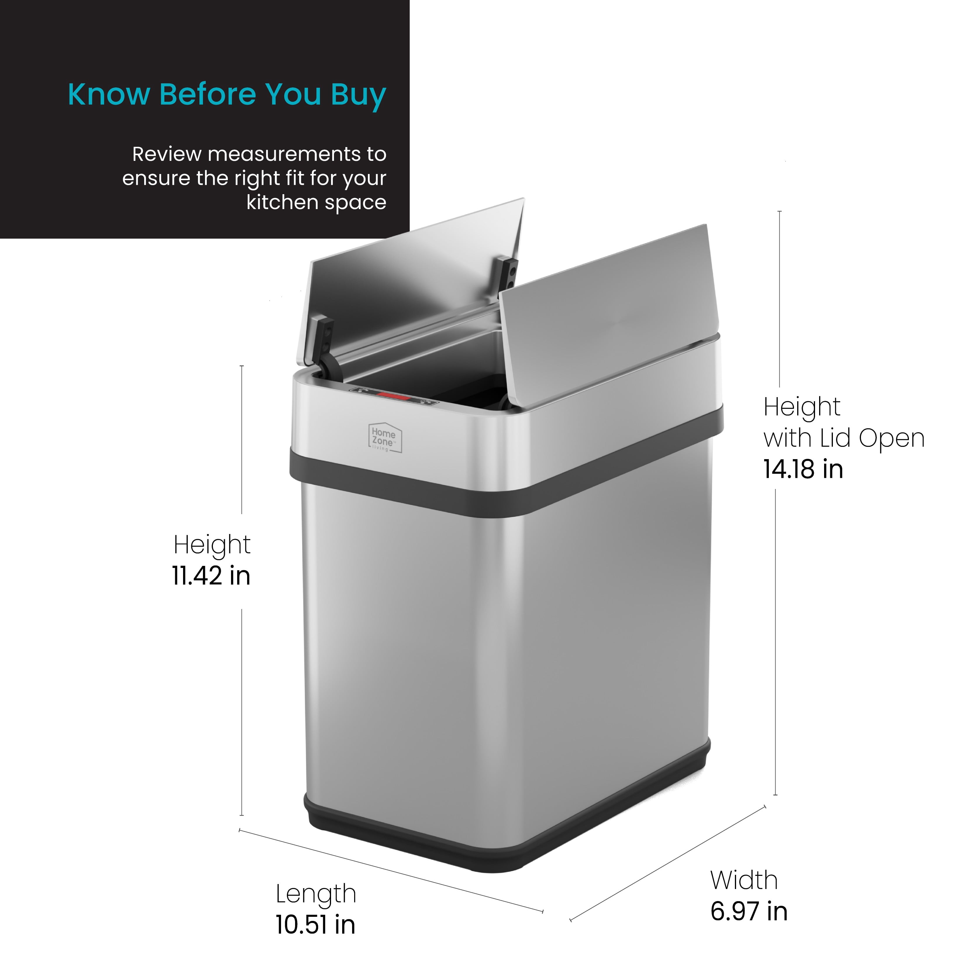 Home Zone Living 2 Gallon Slim Sensor Trash Can with Butterfly Lid and Touch Controls, Rectangular Stainless Steel, Silver