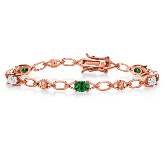 18K Rose Gold Plated Silver Green Created Emerald and White Moissanite and Round White Lab Grown Diamond Tennis Bracelet for Women (2.59 Cttw, Gemstone Birthstone, Oval 6X4MM, 7.25 inches)