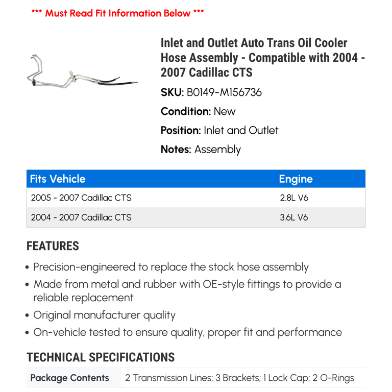 Automatic Transmission Oil Cooler Hose Assembly For Cadillac CTS 2004-2007 – V6 2.8L & 3.6L – Replaces 89022476, 624-549