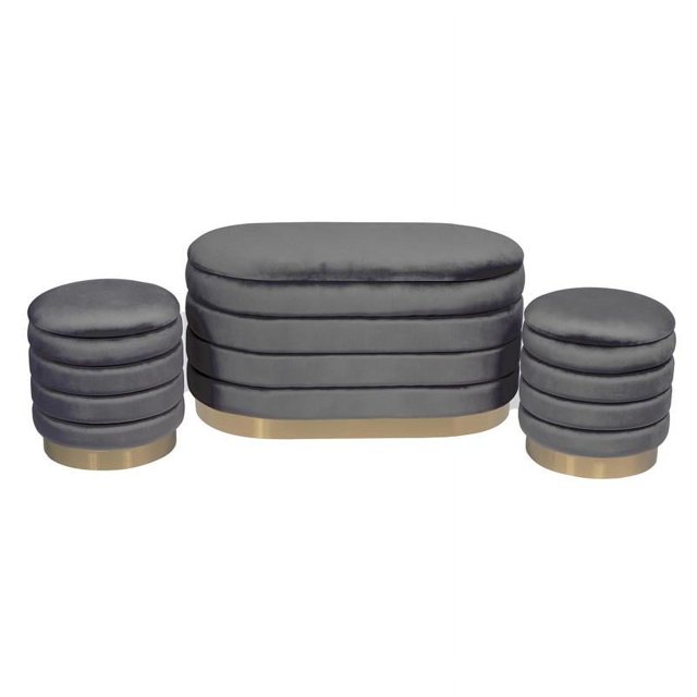 Ensemble Pouf de Rangement Moder 3pc en Velours Gris et Base Chromée Or