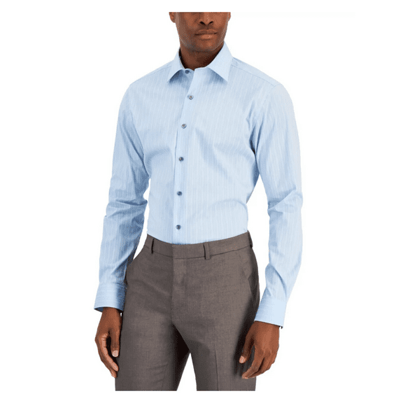 Alfani Mens Striped Slim Fit Dress Shirt, Blue, large