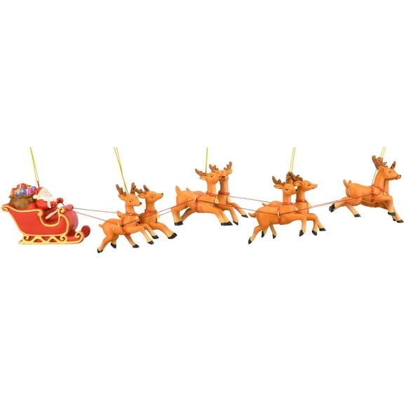 Tree Buddees Large 5 Piece Hand Painted Full Santa's Sleigh and 8 Reindeer Christmas Ornaments Set