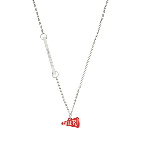 Delight Jewelry Acrylic Red Cheer Megaphone - Silvertone Class of 2026 Delicate Bar Necklace, 18.75"