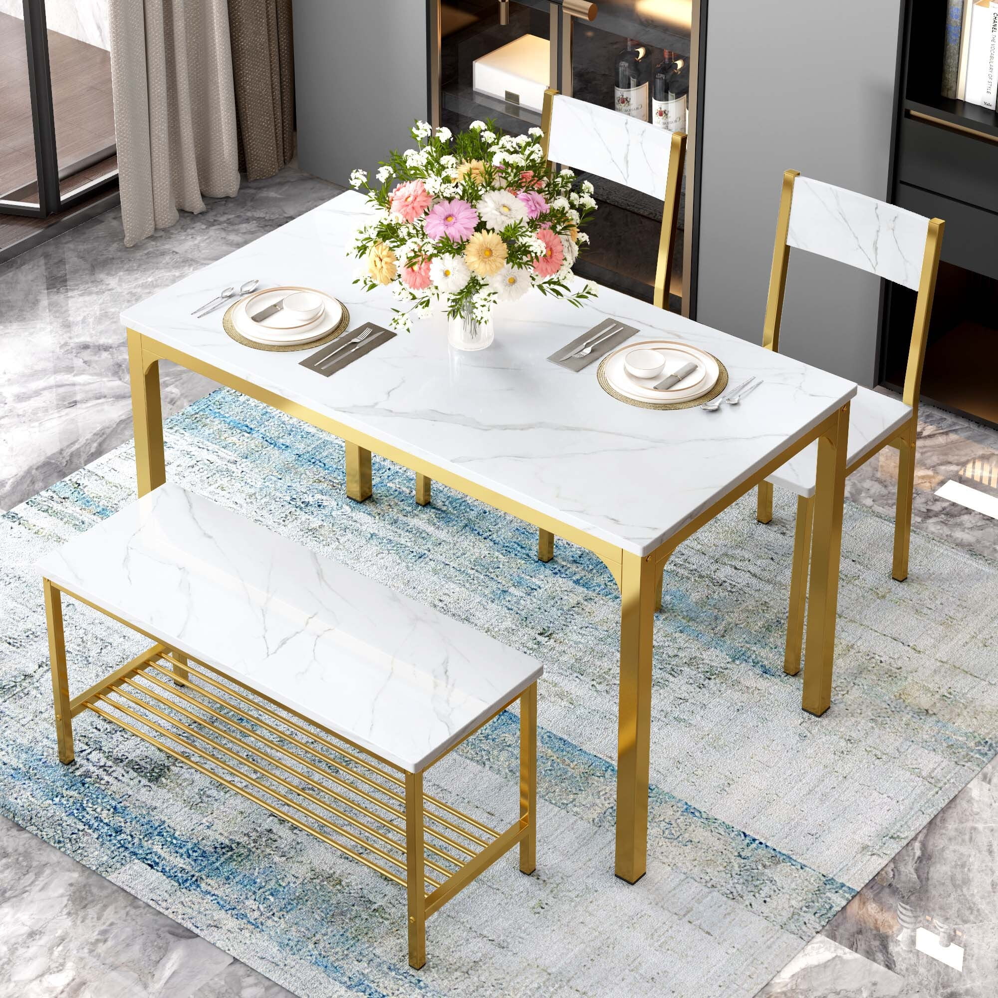 SogesPower 4 Pieces Contemporary Wood, Iron Dining Table Set Gold/White