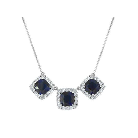 Simulated Blue Sapphire and CZ Necklace in Fine Silver Plated Brass, 18"