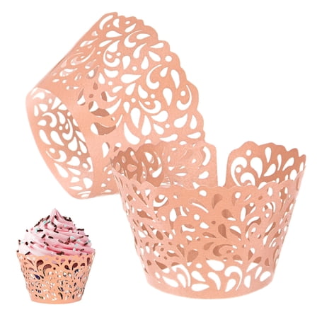 Uxcell 50-Pack Cupcake Wrappers, Pearlescent Art paper, Water Drop Lace Hollow Out Cupcake Liners for Wedding/Birthday Party Decoration[Pink]