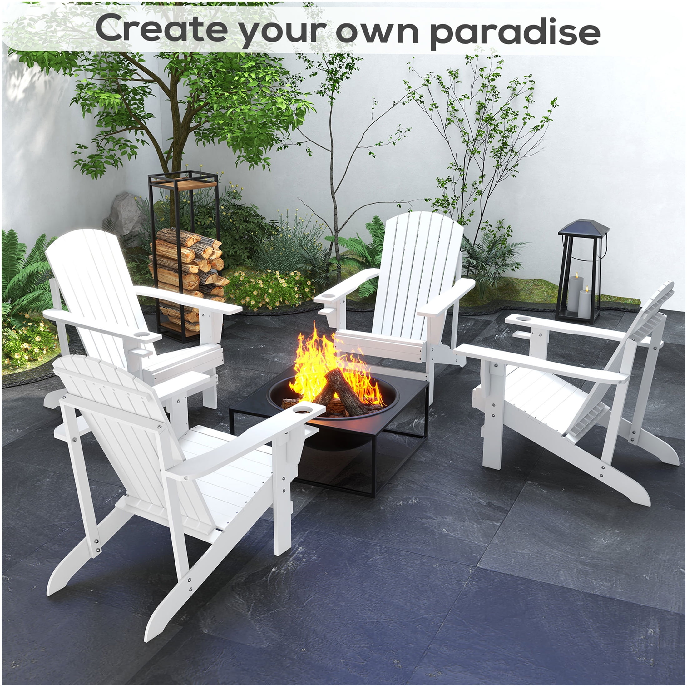 JERFIT White Wood Adirondack Chair with Cup Holder, Outdoor Patio Lounge Chair Weather-Resistant Solid Wood for Garden, Deck, Backyard, Fire Pit
