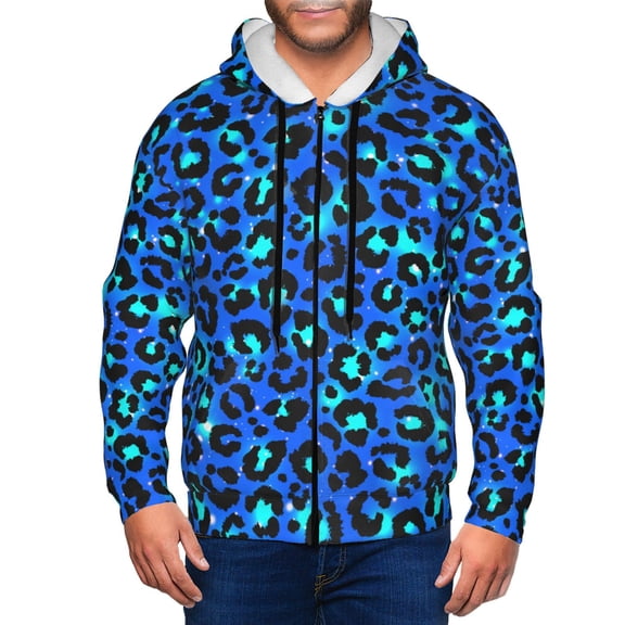 Zip Up Hoodies for Men - Light Blue Leopard Print Long Sleeve Comfrt Men'S Fashion Hoodies & Sweatshirts, Jackets for Men Hoodies Pullover Clothing Clothes with Pouch