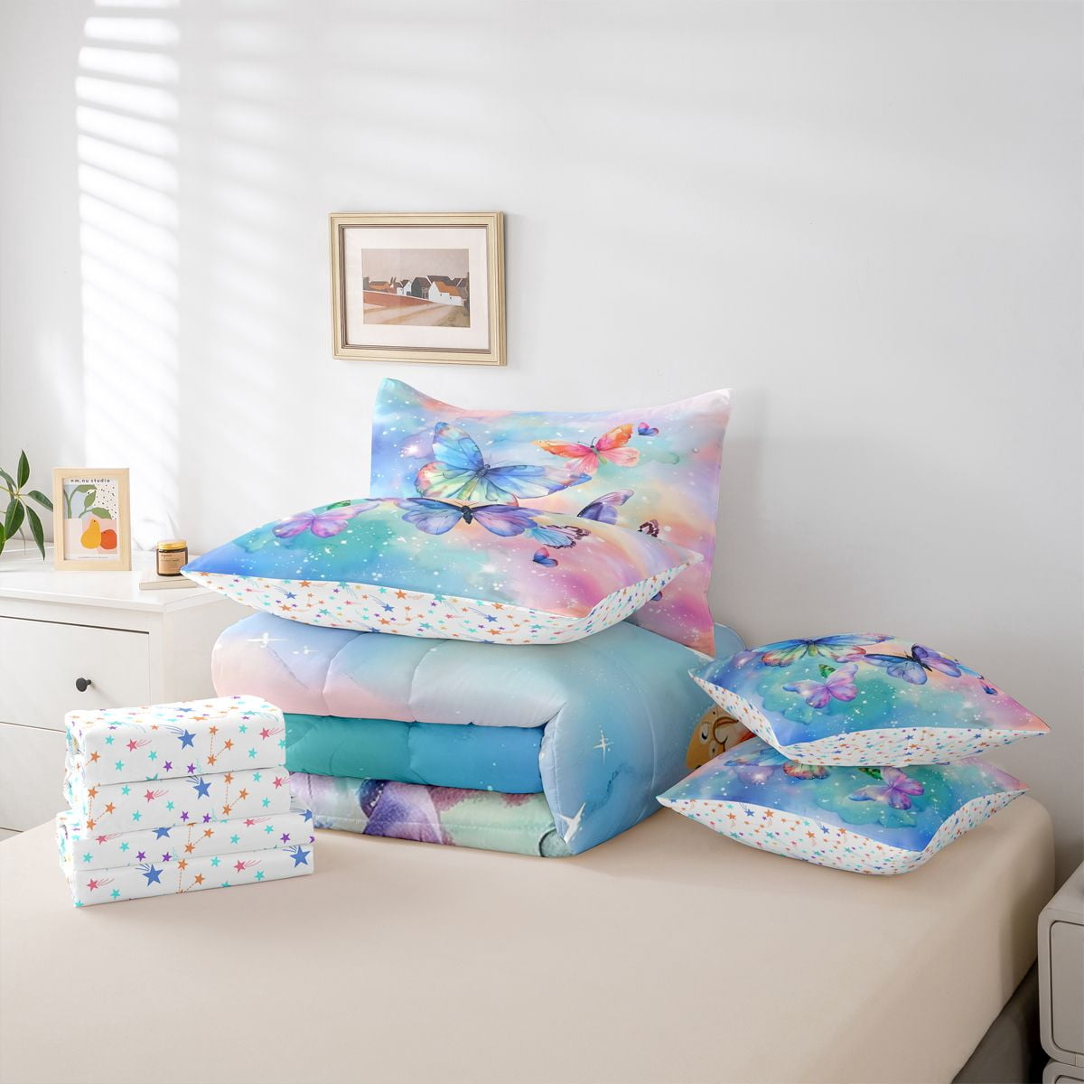Homewish Watercolor Gradient Butterfly 7pcs Bedding Comforter Set,3D Colorful Butterflies Queen Bedding Sets,Blue Pink Ombre Queen Sheet Sets For Girls Teens,Luxury Bedroom Decor Reversible