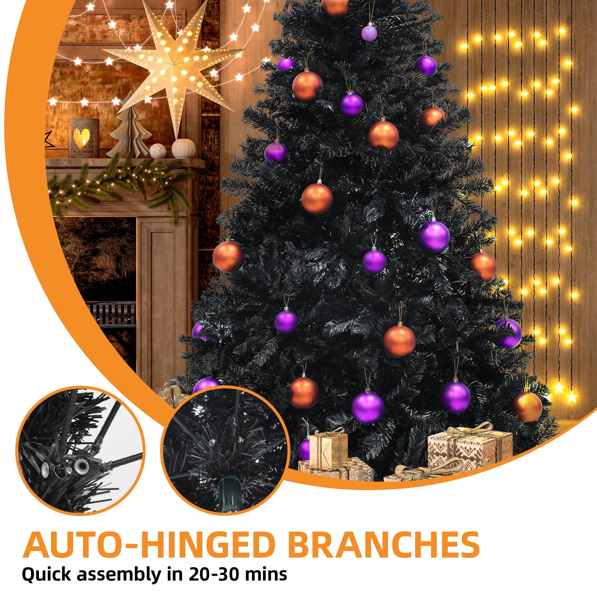 Uforic 7.5ft Premium Spruce Artificial Christmas Tree, Halloween Black Artificial Christmas Pine Tree with 1258 Branch Tips,Metal Hinges & Foldable Base, Black